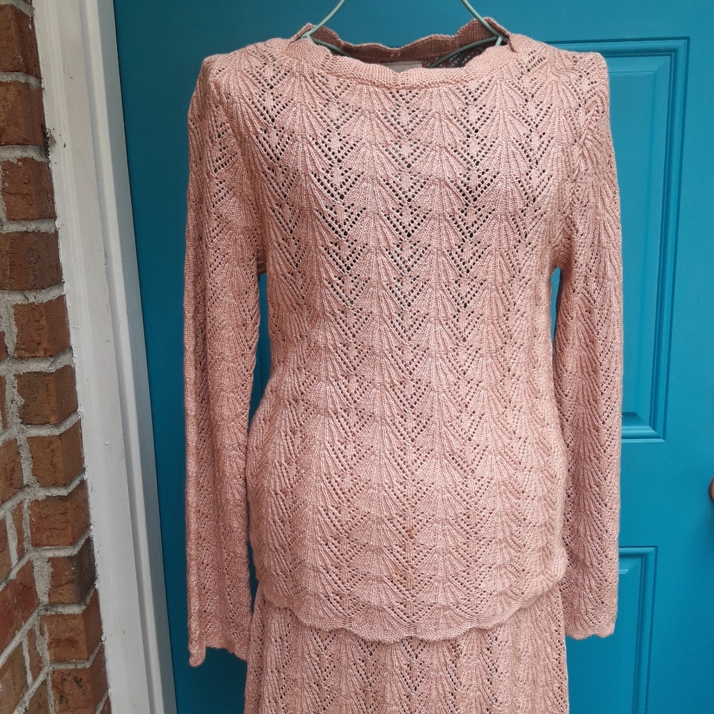Vintage Sweater Long Sleeve Top and Skirt 2 Piece Set Crocheted Ribbed Knit VTG